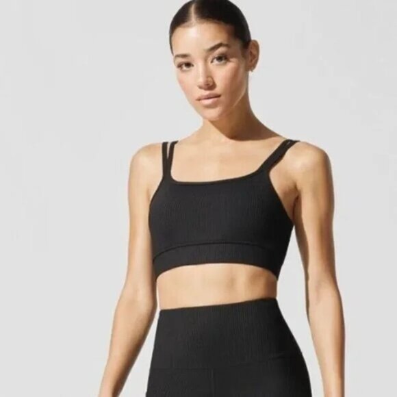 Carbon38 Sports Bra Ribbed Double Strap Black Cropped Tank Top Size Small - Picture 3 of 11